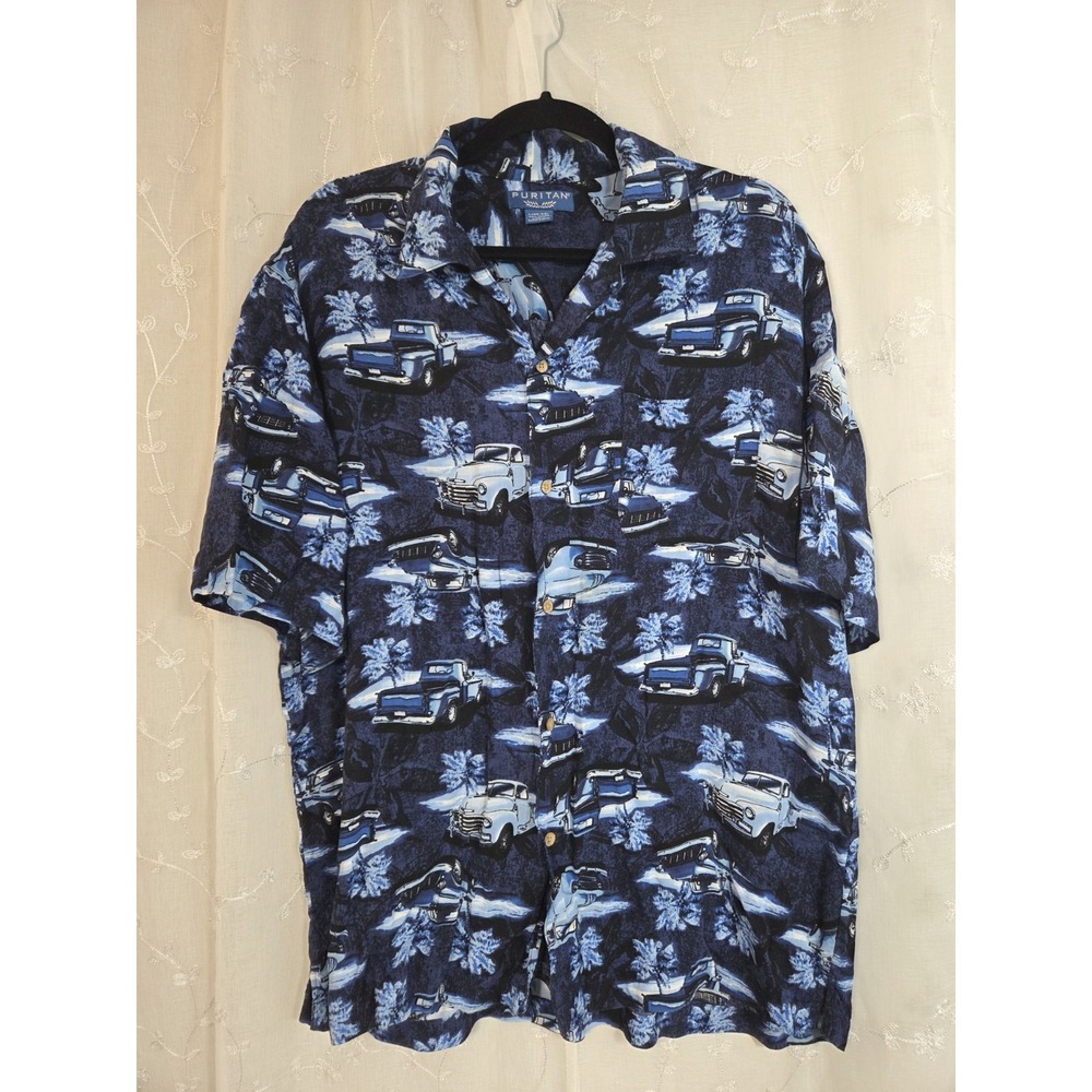PURITAN Blue Hawaiian Shirt Classic Truck Palm Trees Island Vibes Large